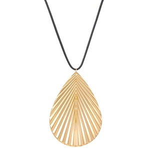 Summer gold leaf pendant necklace with metallic texture on elegant black cord