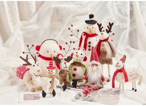 Detail of wool felt Christmas figurines featuring Santa, reindeer and snowman ornaments