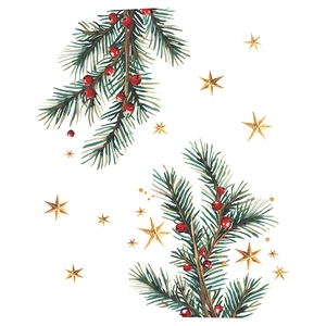 Christmas pine branches wall sticker with red berries and golden stars on white background