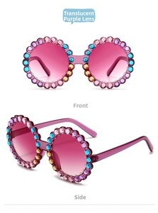 Detailed front and side views of children's round sunglasses with colorful rhinestones