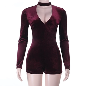 Detail of burgundy velvet bodysuit featuring a sexy V-neckline and long sleeves on a mannequin