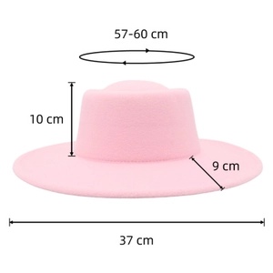 Pink wool felt fedora hat size guide with 57-60cm circumference and 9cm wide brim