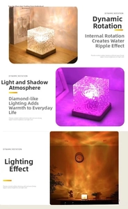 Dynamic water ripple projector lamp featuring a rotating glass cover and solid wood base