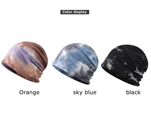 Stylish tie-dye knit beanie hats in orange, sky blue, and black for men and women