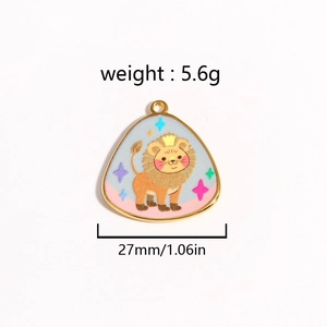 Golden titanium steel oval enamel charm with cute cartoon lion and star pattern