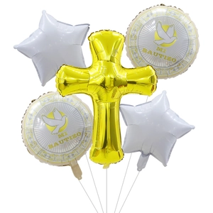 5pcs Gold Cross Baptism Balloon Set with Stars and Mi Bautizo Round Foil Balloons