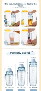 Blue cocktail shaker set with bear lid showing three sizes and detailed measurements