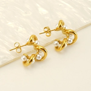 Elegant 18K gold twisted knot earrings with white pearls for women, French retro style