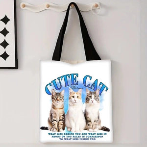 Borsa tote minimalista in tela bianca con stampe di gatti e tracolle nere
