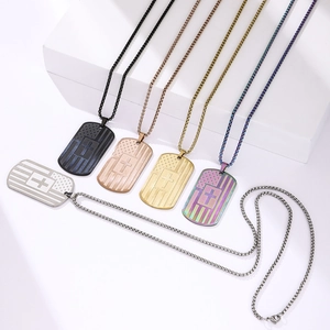 Set of stainless steel US flag cross dog tag necklaces in silver, gold and black