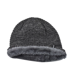 Detail of dark grey knit beanie featuring thick plush lining and soft fleece texture