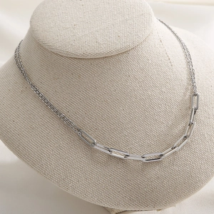 Silver stainless steel paperclip chain necklace with unique layered link design