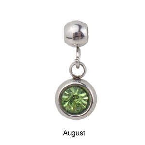 Macro shot of silver August birthstone charm with green gem and engraved text