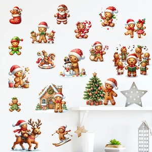 Adesivi Murali di Natale con Albero e Omino di Pan di Zenzero in PVC Impermeabile Stampato per Soggiorno Decorazione Casa