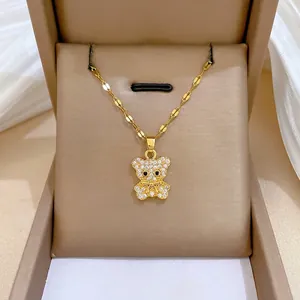 Teddy Bear Pendant Necklace Titanium Steel Chain Copper Full Zircon Inlaid Clavicle Chain Jewelry For Women Girls