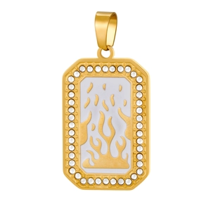 Macro view of gold rectangular pendant with flame motif and white zircon border decoration