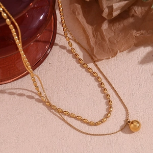 Double Layer Necklace 18K Gold Plated 316L Stainless Steel Ball Pendant Oval Rice Beads Minimalist Fashion For Women