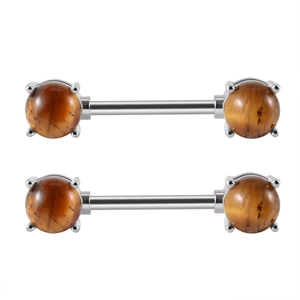 Pair of stainless steel nipple barbells with tiger eye stone balls in a four-claw setting
