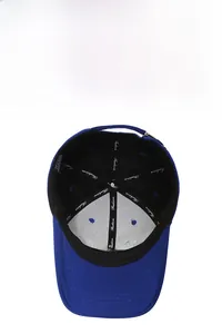 Detailed inner view of blue cotton baseball cap showing metal buckle and brand lining