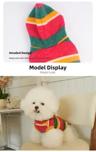 Detail of multi-color striped dog hoodie with hood design for small pets and cats