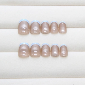 French blue cat eye press-on nails with white tips, 24 pieces minimalist style
