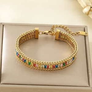 Macro shot of 18K gold plated stainless steel bracelet with multicolored zircons