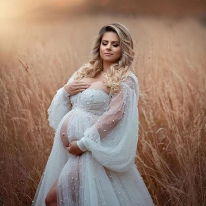 Elegant white pearl maternity dress for photo shoots with puff sleeves and mesh fabric