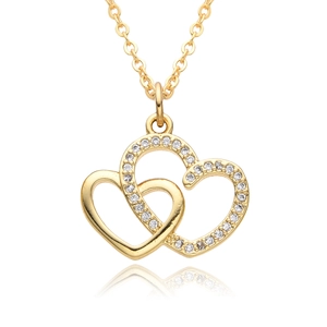 Close-up of interlocking gold heart pendant with sparkling white cubic zirconia pavé setting