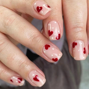 Press On Nägel Rotes Herz Weißes Punktedesign Rosa Glänzend Kurz Quadratisch Rund Künstliche Fingernägel Für Süße Mädchen