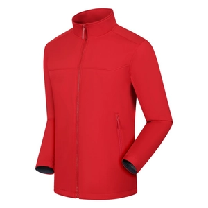 Waterproof red softshell outdoor jacket with stand collar and full zipper closure