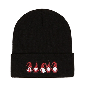 Classic black knitted beanie for winter featuring cute Christmas gnome patterns