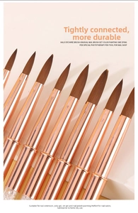 Detail of 10 rose gold nail art brushes showing tight metal ferrules and fine bristles
