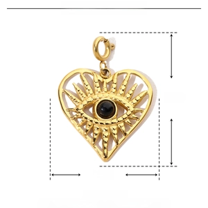 Detail view showing heart-shaped evil eye pendant dimensions and stainless steel material