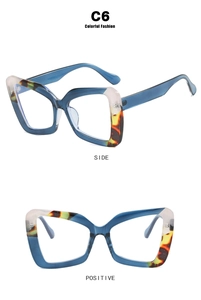 Detailed side and front view of transparent blue cat-eye frames with tortoiseshell accents