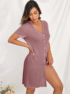 Vestido Midi De Mujer Manga Corta Cuello En V Punto De Gofre Con Botones Poliéster Elastano Ropa De Estar Color Sólido