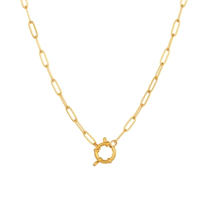 Close-up of 18K gold-plated paperclip chain necklace with a large round spring ring clasp
