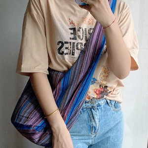 Women Large Capacity Hobo Bag Canvas Denim Striped Bohemian Knotted Shoulder Bag Minimalist Tote Casual