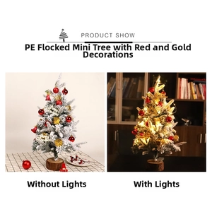 Mini PE flocked Christmas tree with red gold ornaments and LED lights on wooden base