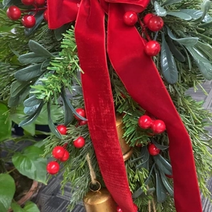 Christmas door wreath with red velvet bow, faux red berries and vintage gold bells