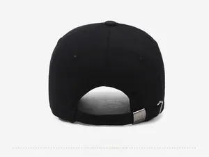 Detail view of the back of a black cotton baseball cap with adjustable metal buckle strap
