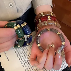 Retro Geometric Beaded Elastic Bracelet Acrylic Resin With Glitter And Gold Metal Spacers Chic Fashion For Women