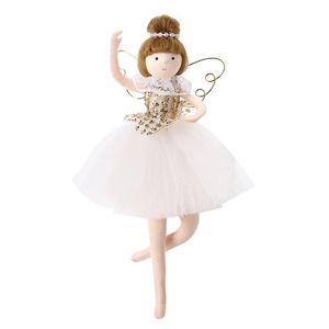 Cute ballet girl angel plush doll ornament with white gauze skirt and gold sequins
