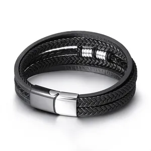 Men's multilayer black braided leather bracelet with a polished stainless steel buckle clasp