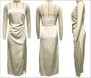 Detailed views of champagne satin dress showing waist pleats and high side slit details