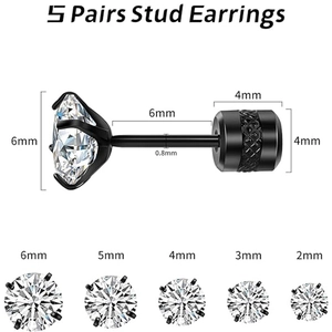 Detailed size chart of 5 pairs cubic zirconia stud earrings from 2mm to 6mm specs