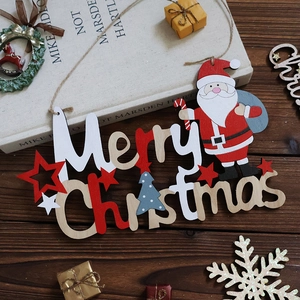 Hollow wood Merry Christmas sign featuring Santa Claus and tree for festive hanging decor