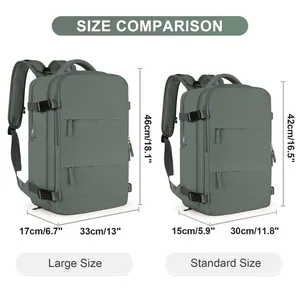 Size comparison chart showing Large and Standard dimensions for the women backpack