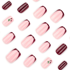 Short square burgundy fake nails featuring minimalist cherry designs and French tip finish
