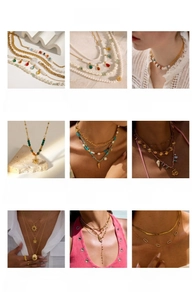 Variety of bohemian layered necklaces with pearls and sun charms in a collage layout