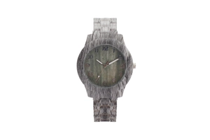 Detail of grey-green watch featuring a unique faux wood texture and Arabic numerals